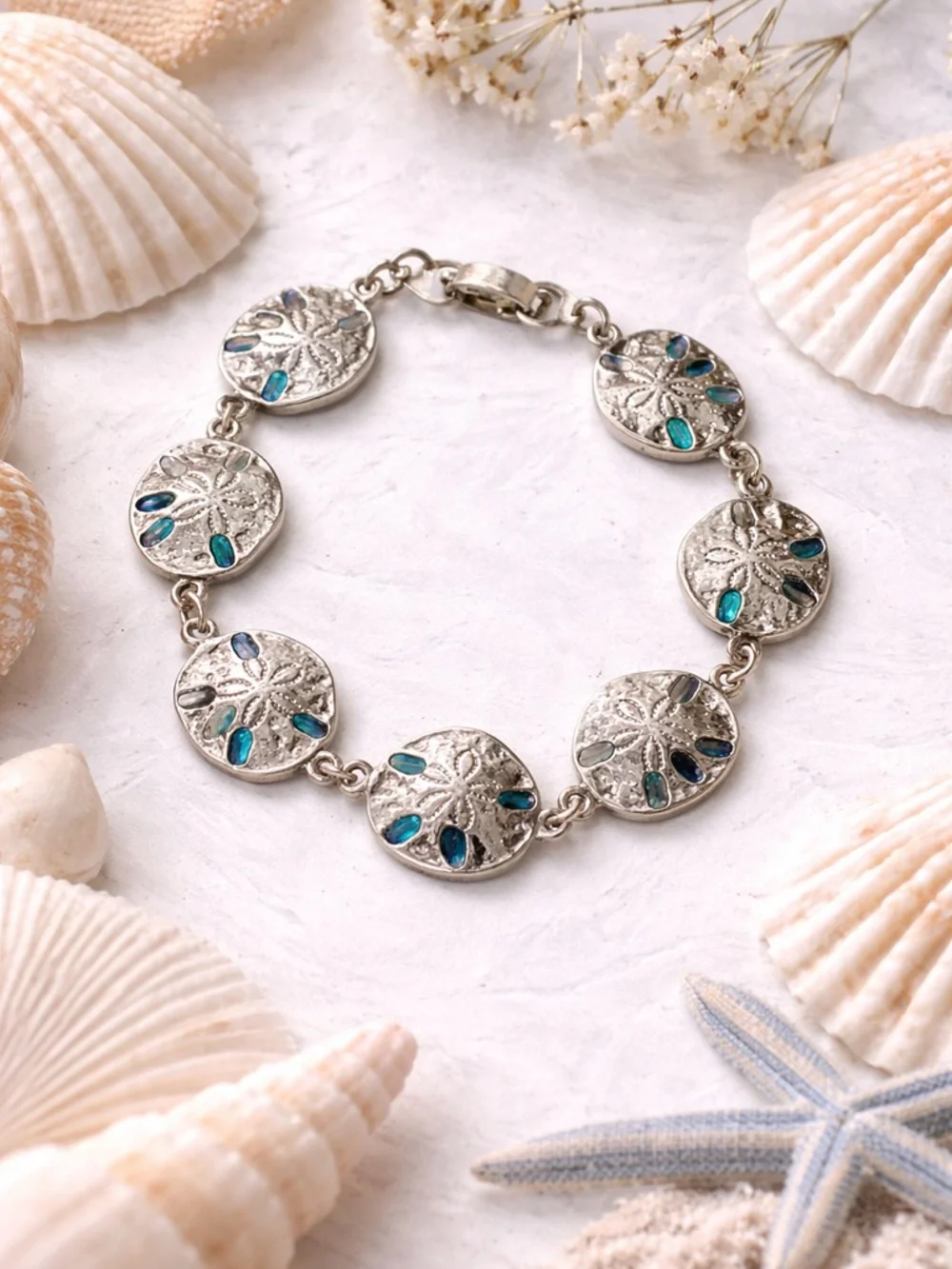 Silver Sand Dollar Bracelet Coastal Beach with Blue Teal Accent Stones - Picture 4 of 6